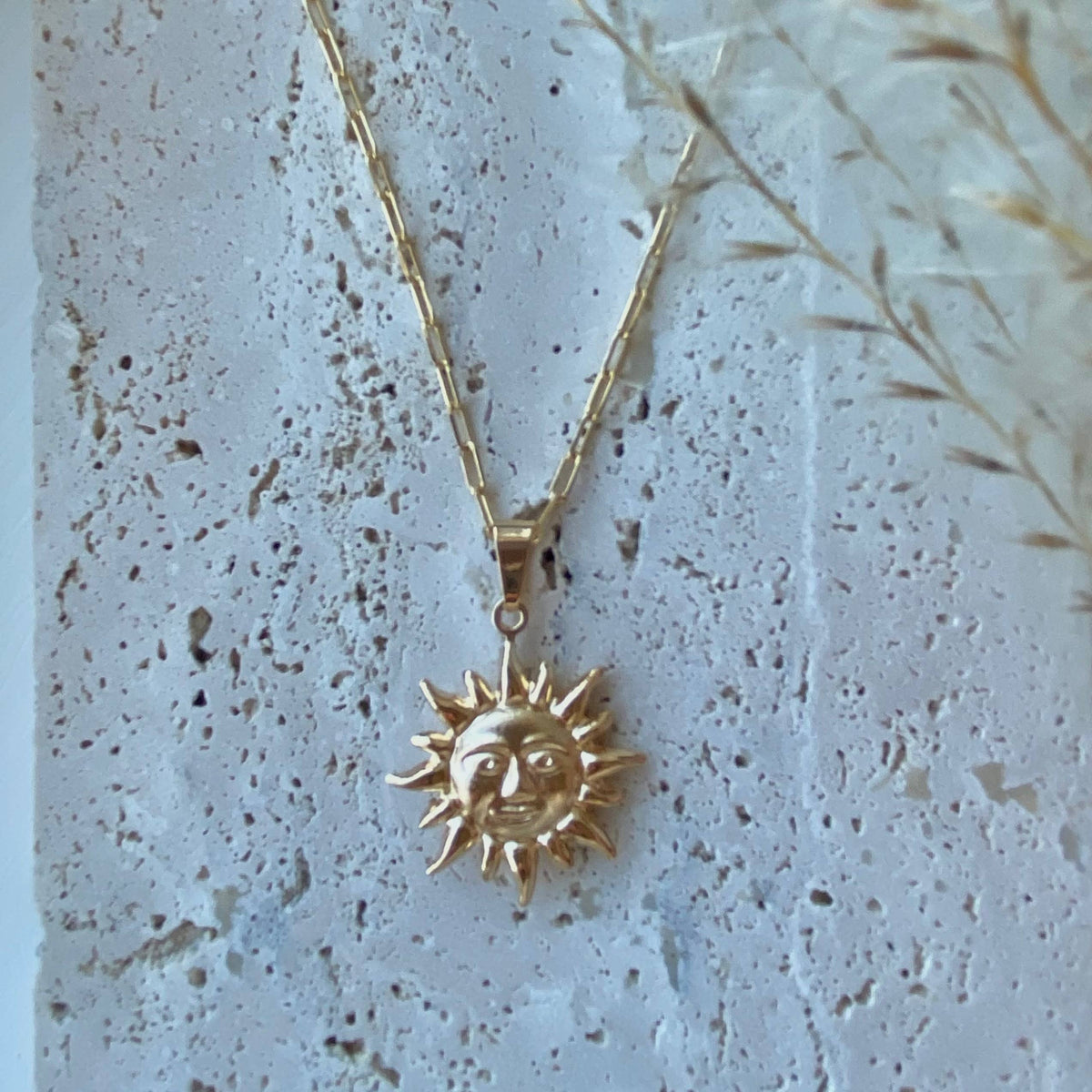 Sun face charm pendant necklace paperclip chain 18k gf