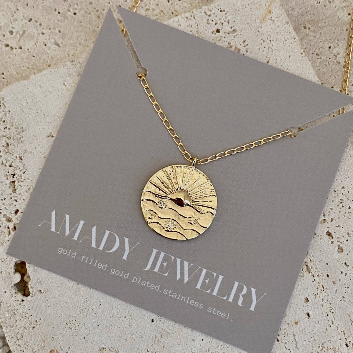 Sunrise sun Coin Medallion chain necklace gold filled plated