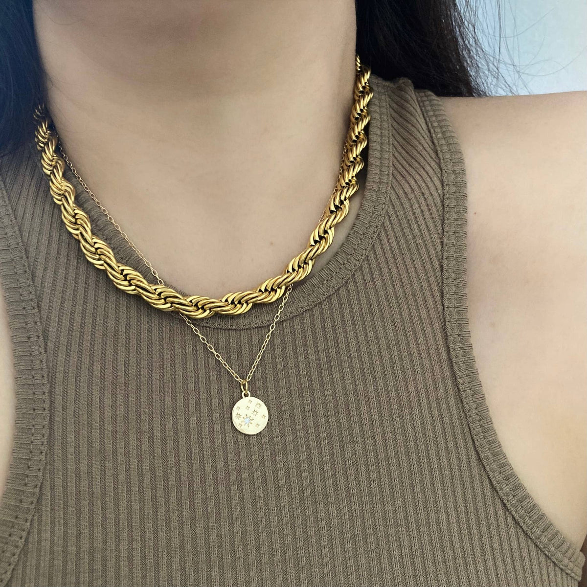 Coin Medallion zircon 18k gold filled Necklace waterproof
