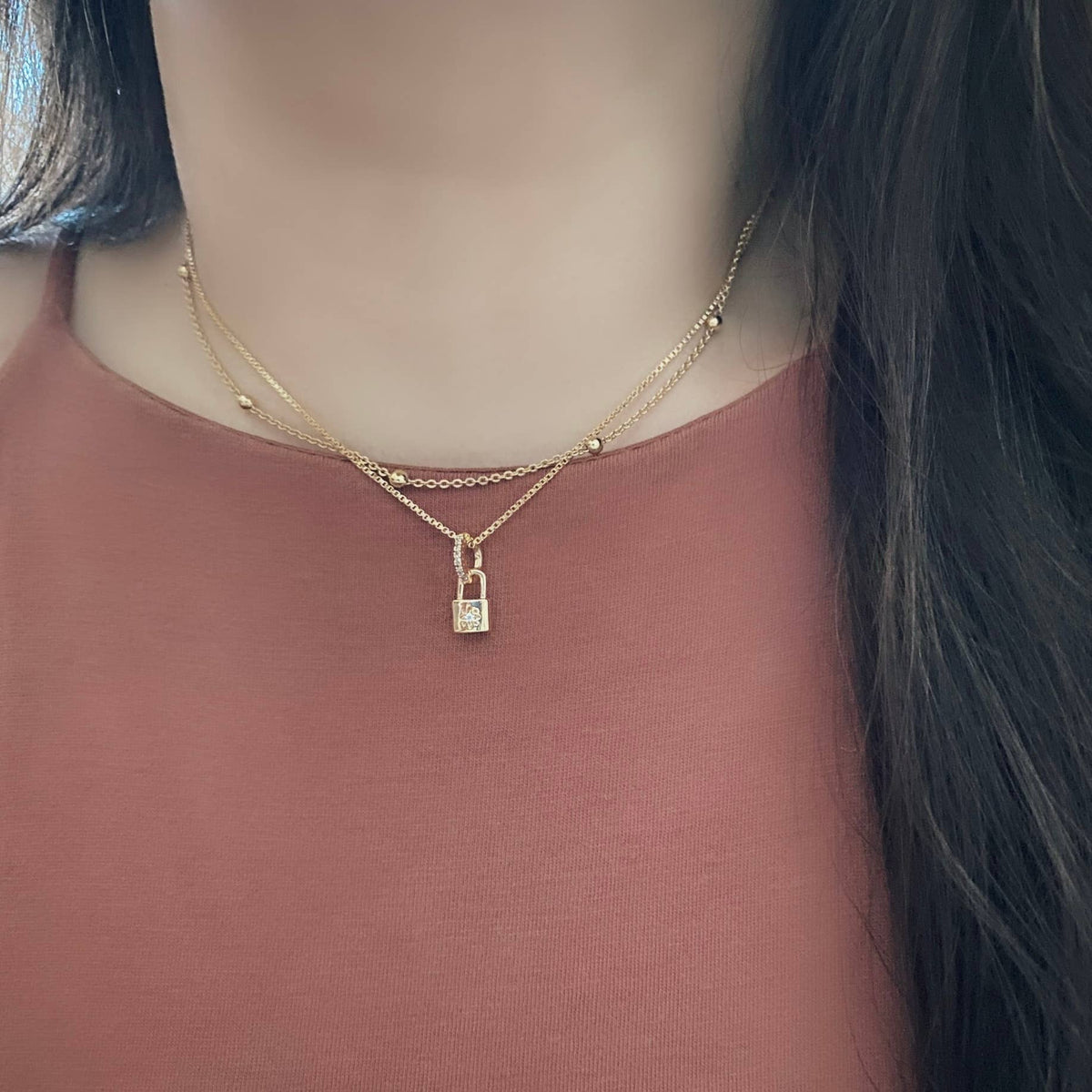 Little padlock gold plated lock charm 18k gold chain