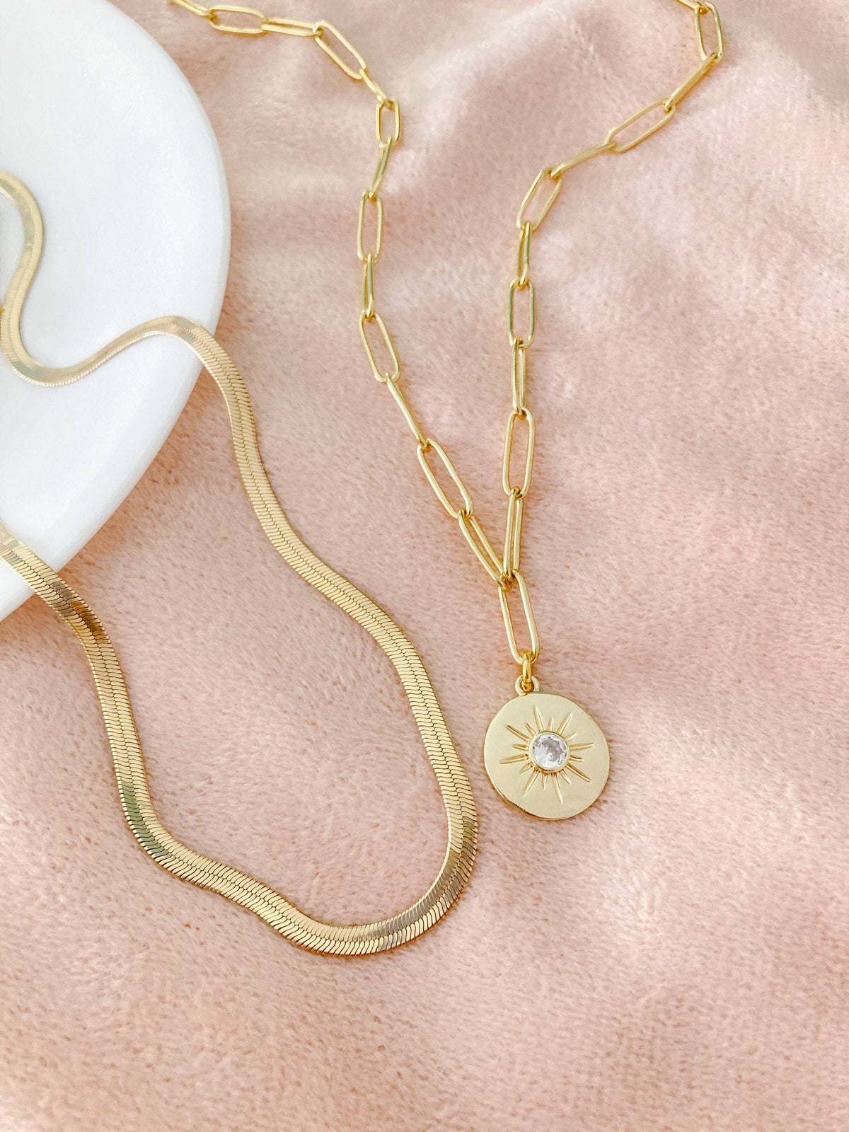 Gold sun coin necklace paperclip gold plated chain medallion