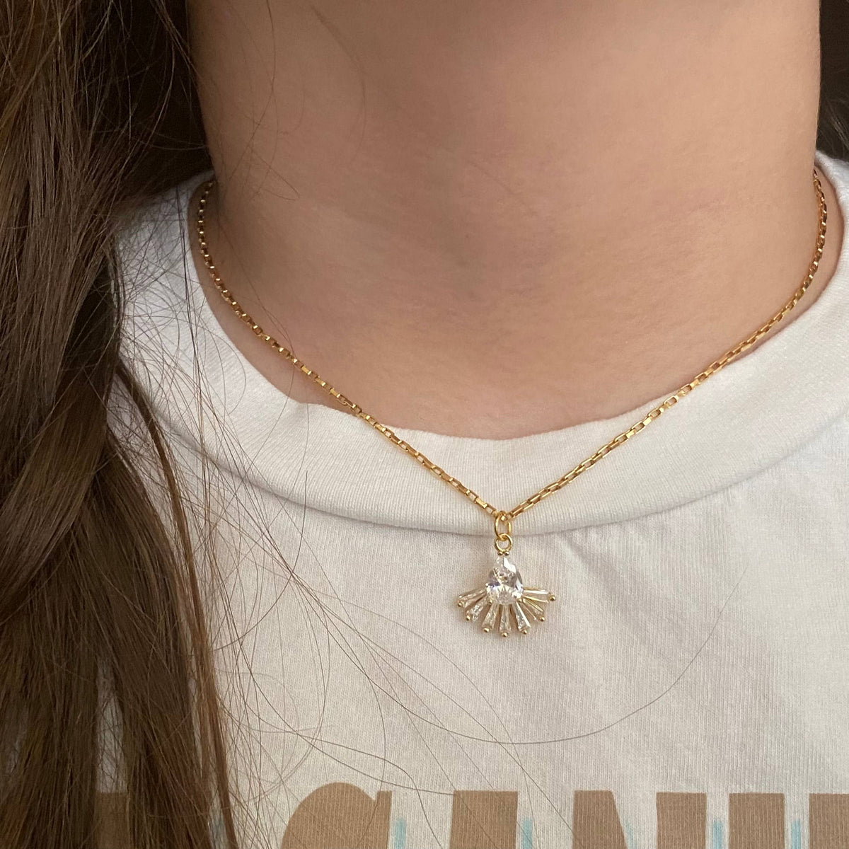 Pear shape fan glass necklace 18k gold fill water resistant