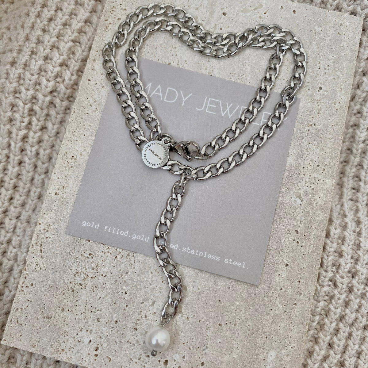 Silver curb link chain and pearl Lariat necklace Y necklace