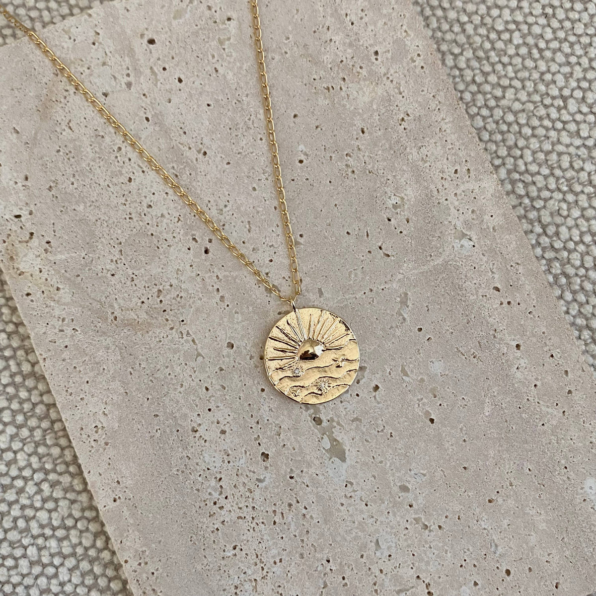 Sunrise sun Coin Medallion chain necklace gold filled plated