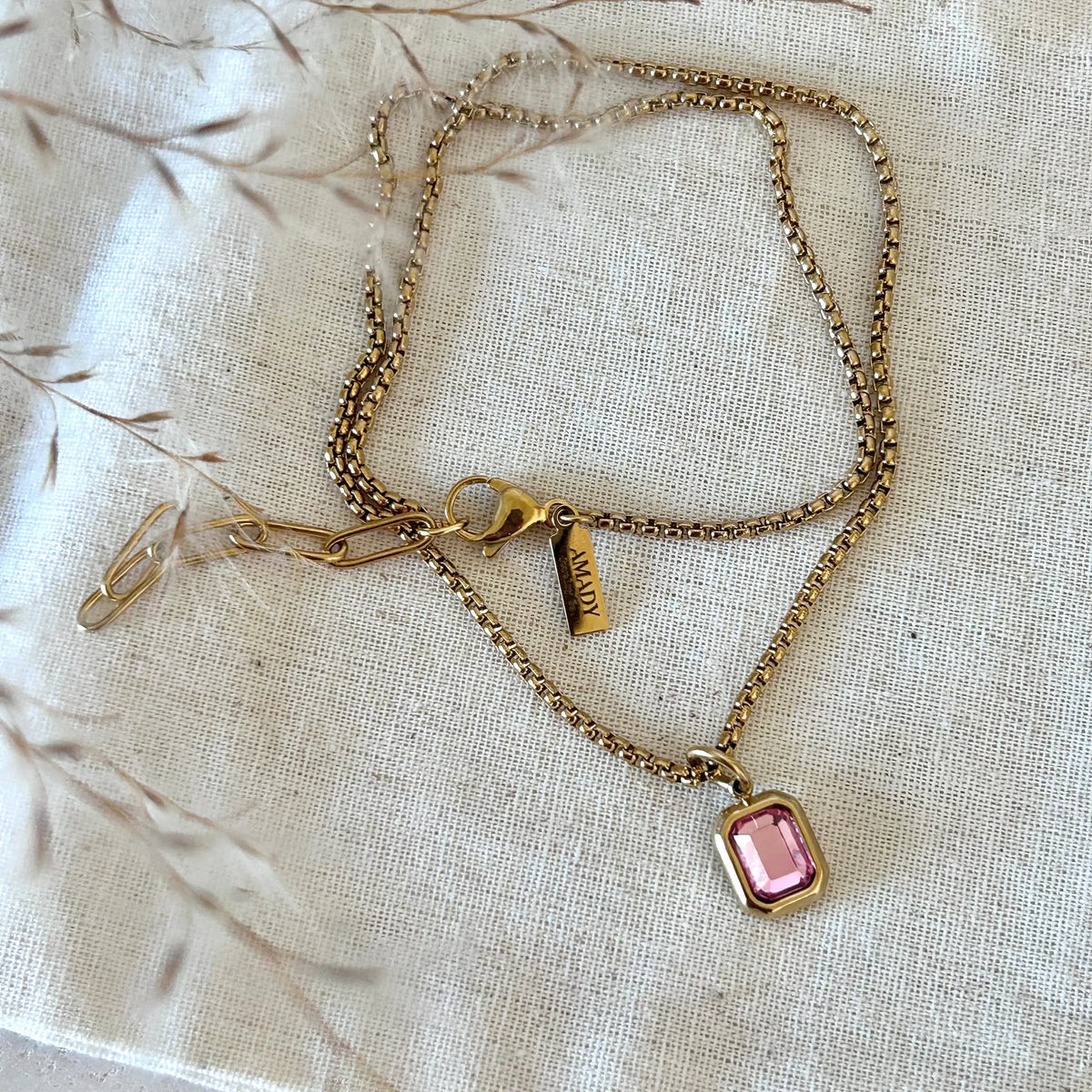 Pink Crystal Pendant Necklace 18k gold plated box chain