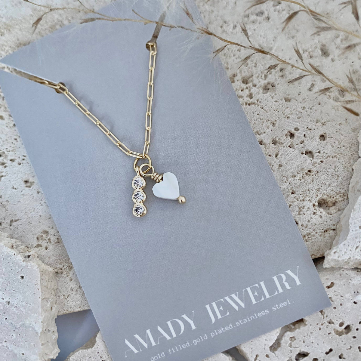 Shell Pearl Heart crystals bar charm necklace gold plated