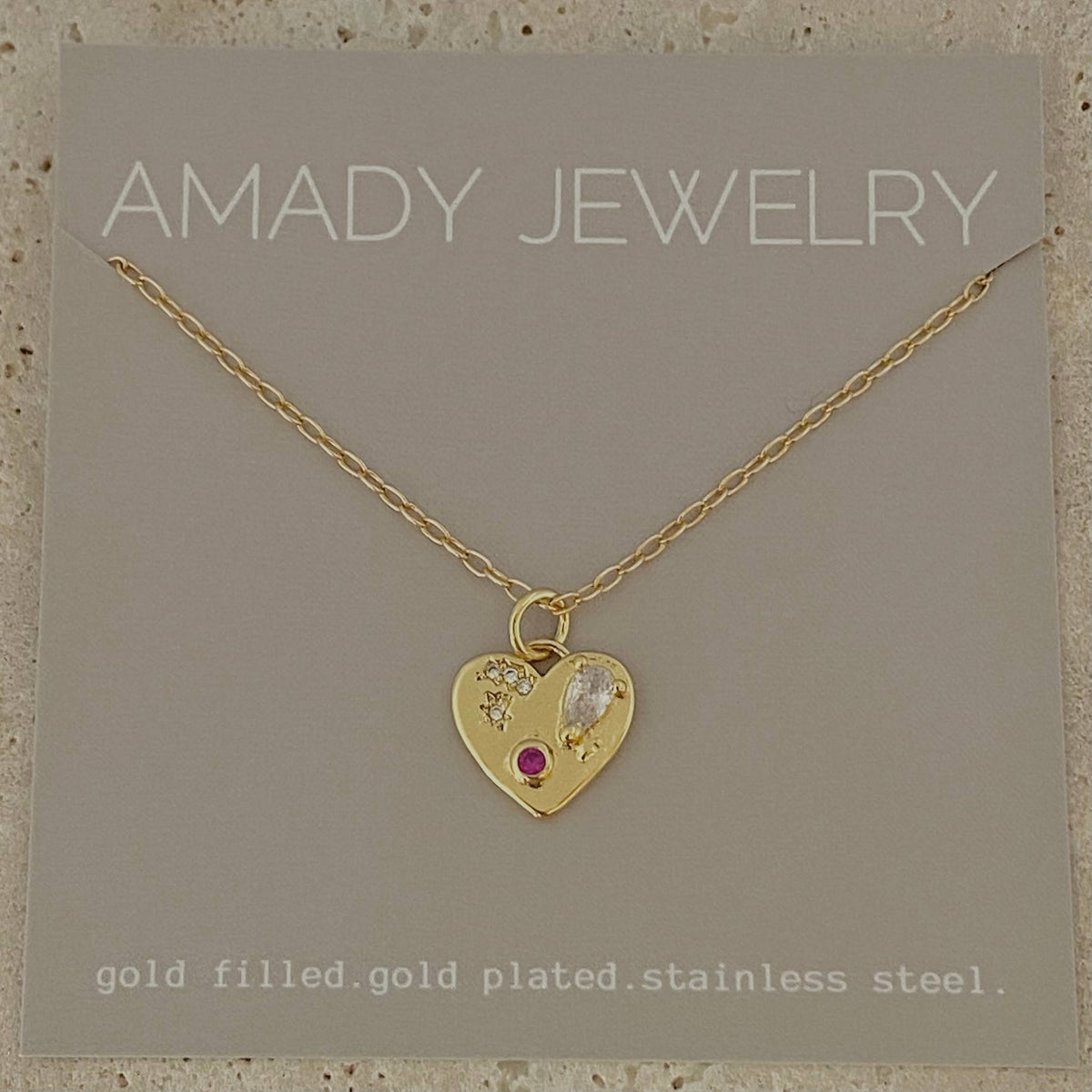 Heart shaped charm necklace glass stones 18k Gold Filled