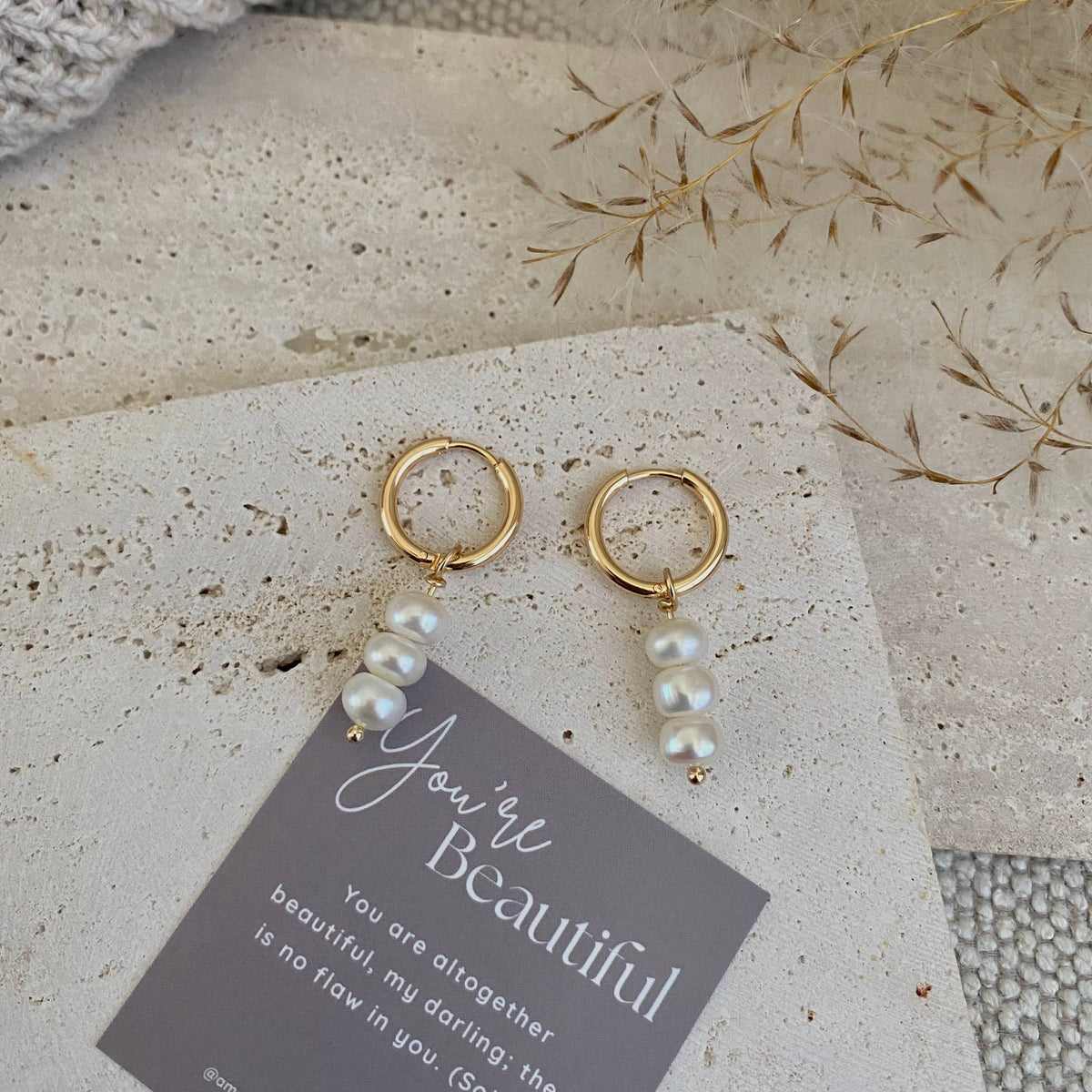 Pearls Dangle Drop Hoop Earrings 14k Gold Plated
