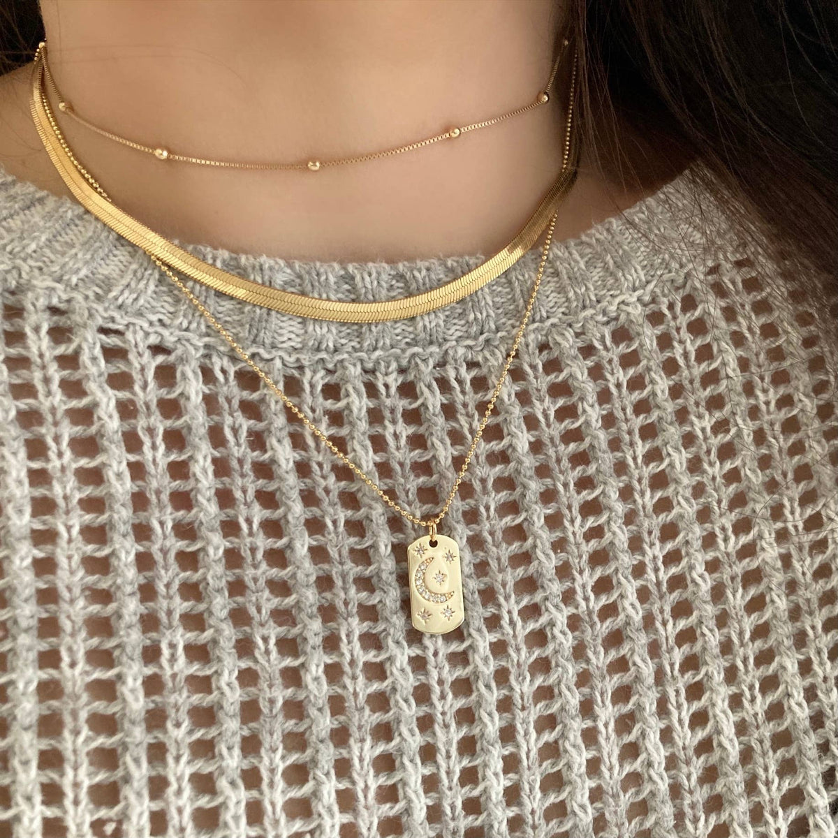 Half Moon Crescent Star Medallion 18K gold dog tag necklace