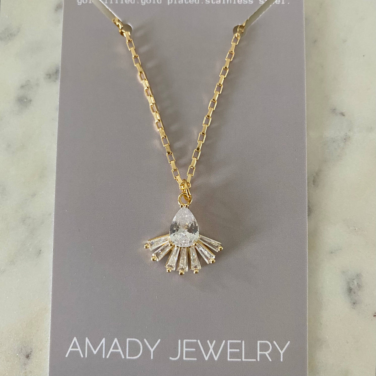 Pear shape fan glass necklace 18k gold fill water resistant