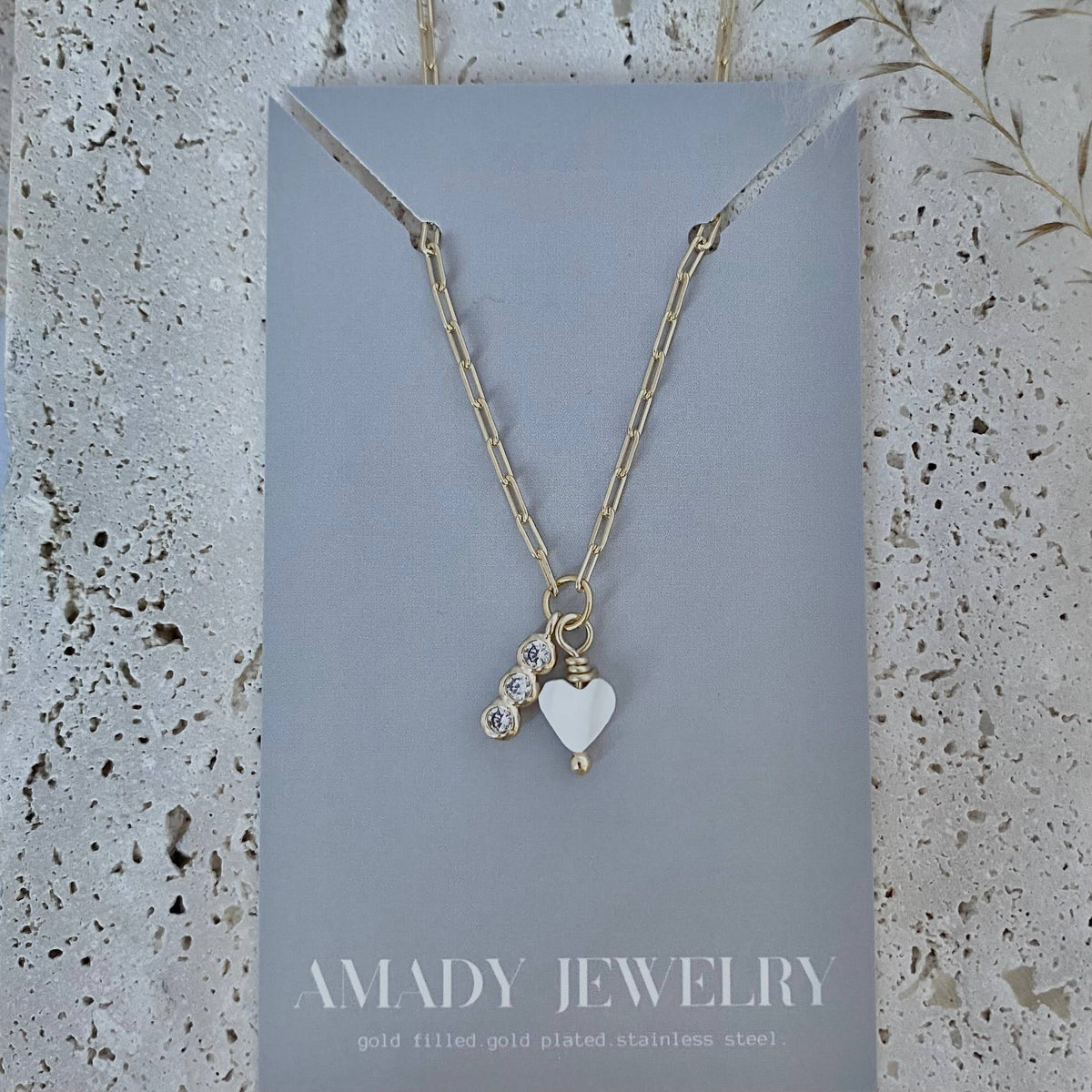 Shell Pearl Heart crystals bar charm necklace gold plated