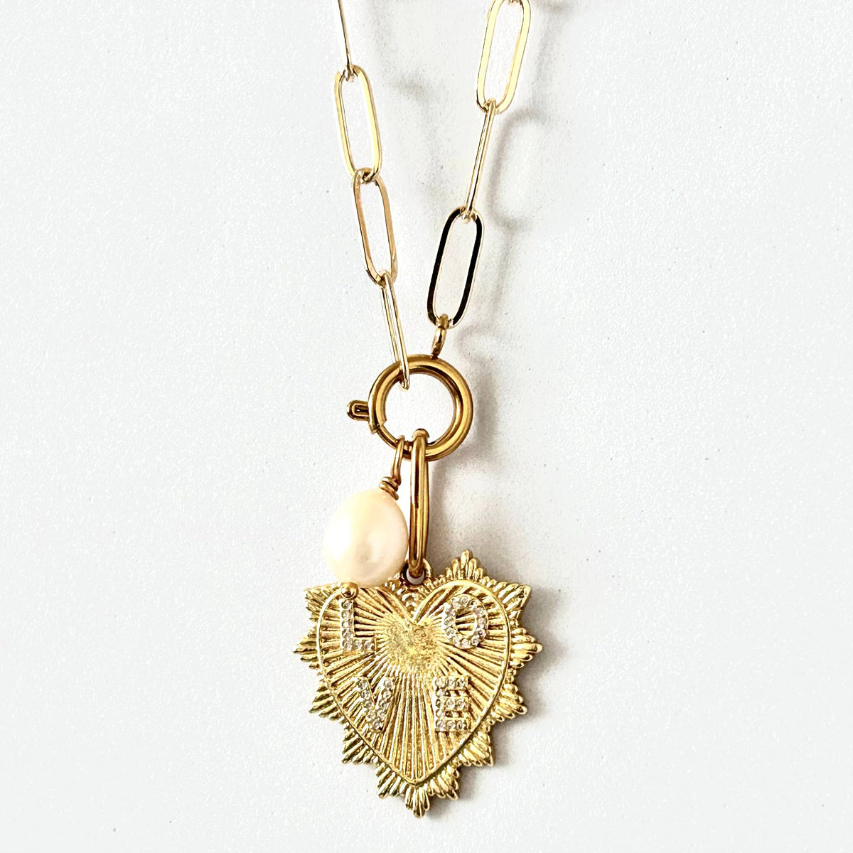 Heart and Pearl Paperclip chain necklace layering statement