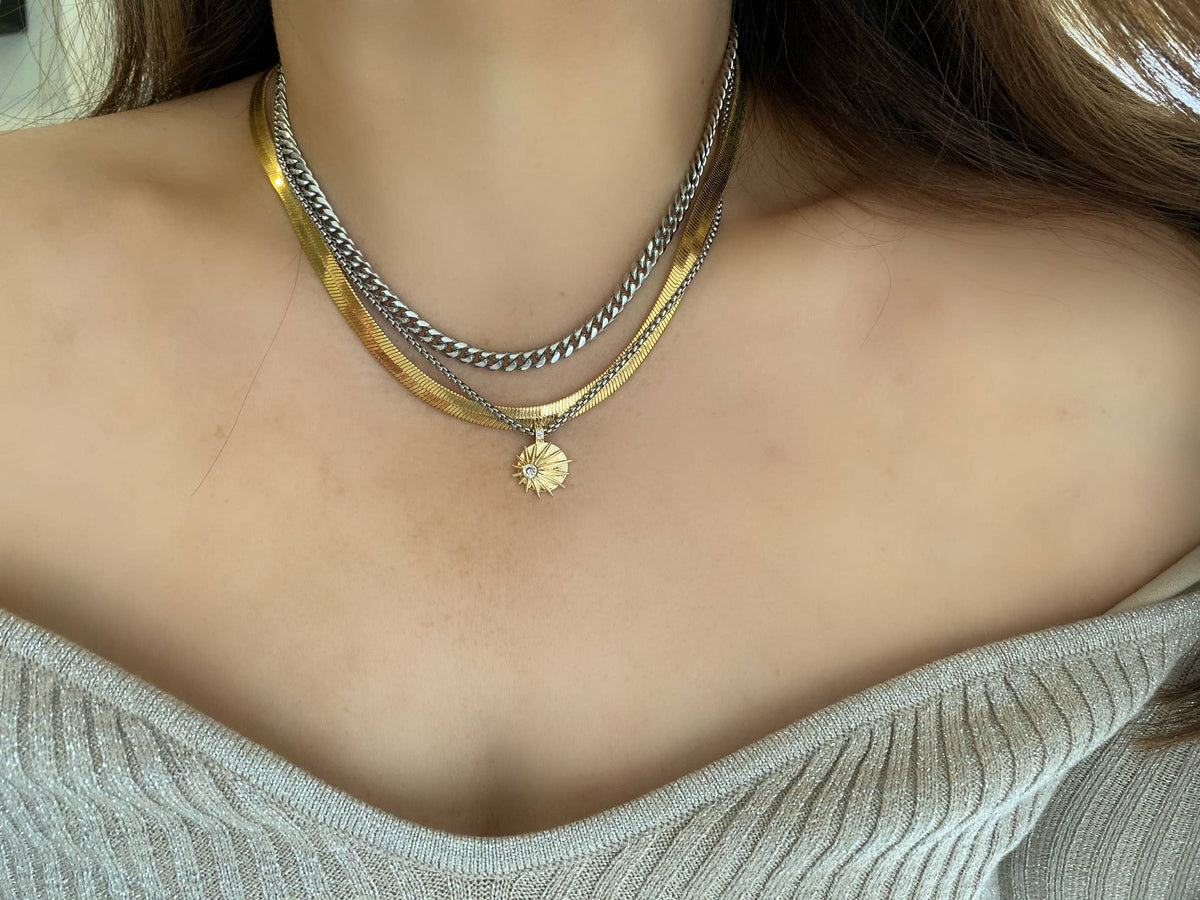 Sunburst sunrise zirconia gold plated necklace silver ombre