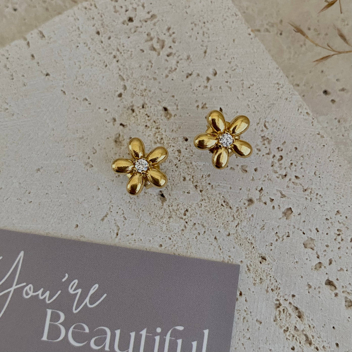 Flower Studs Post Earrings 18k Gold Plated Stainless Steel