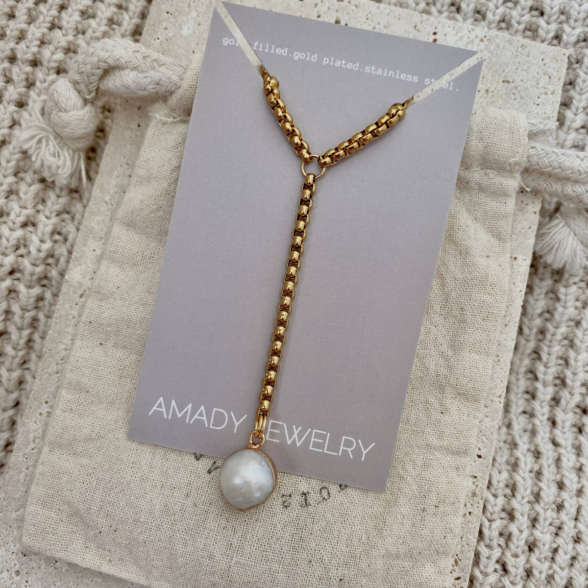 Single Pearl Lariat 18k gold plated stainless steel