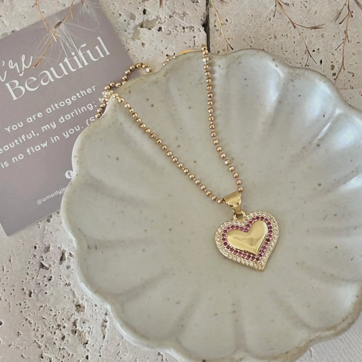 Small Heart Pave Pendant necklace pink glass beaded chain