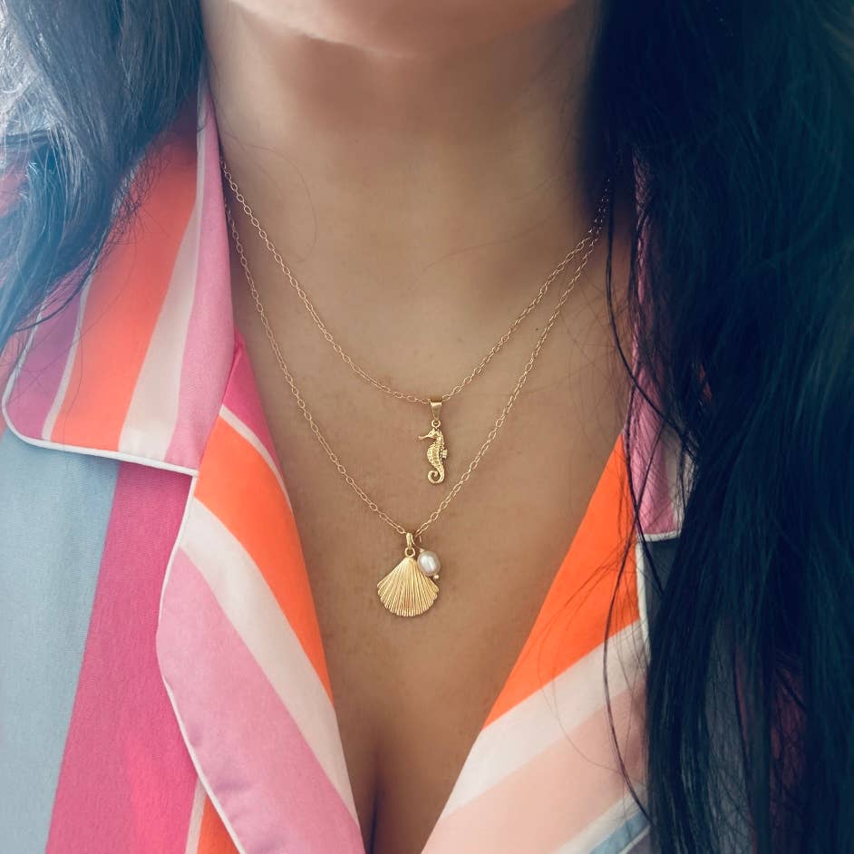 Seashell pearl pendant dainty necklace 14k gold filled