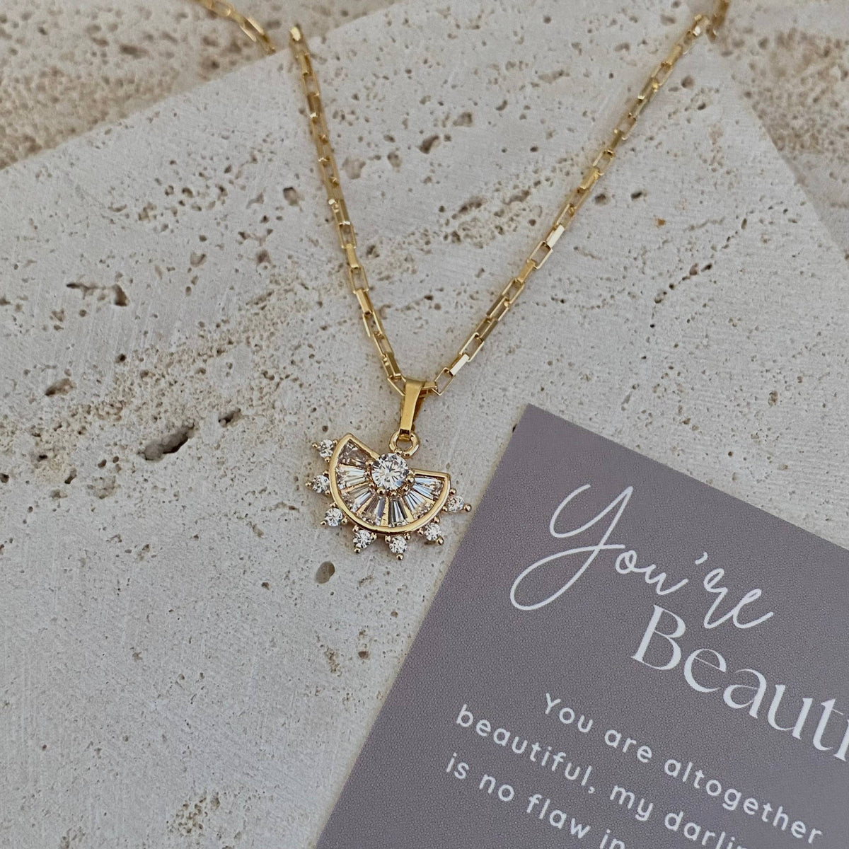 Crystals Fan Charm Pendant 18k Gold Filled Chain necklace