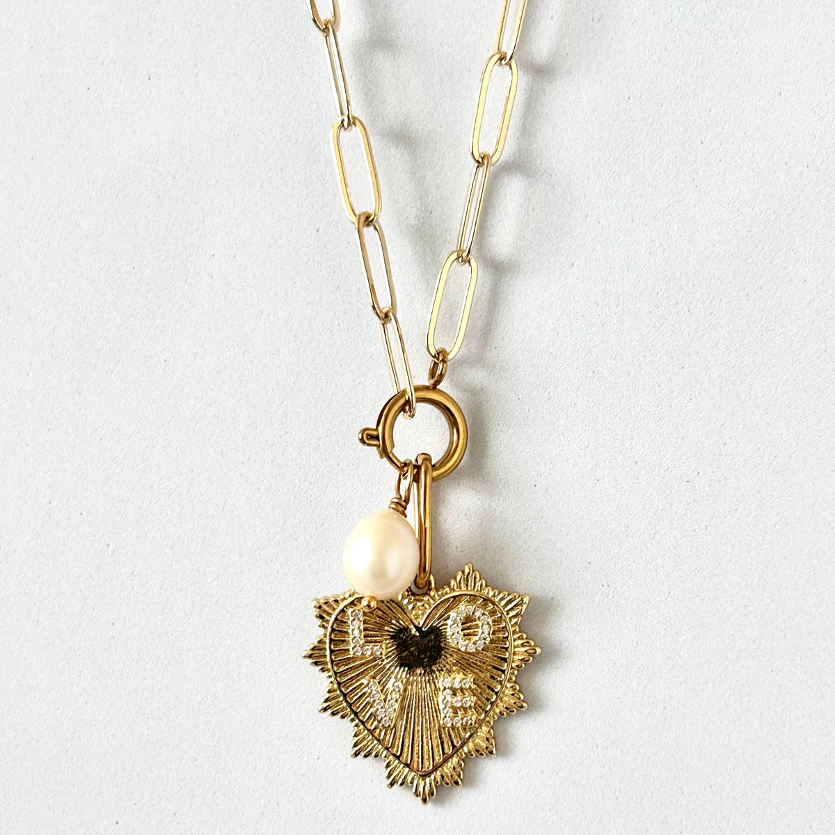 Heart and Pearl Paperclip chain necklace layering statement