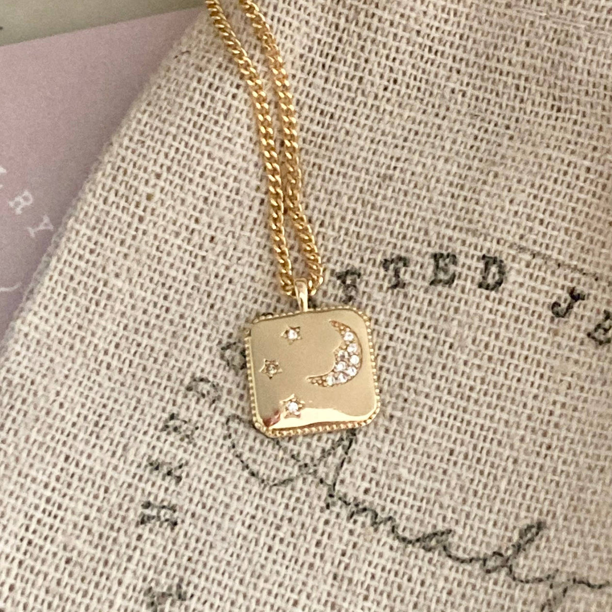 Square Medallion Coin Crescent Moon 18K gold filled necklace