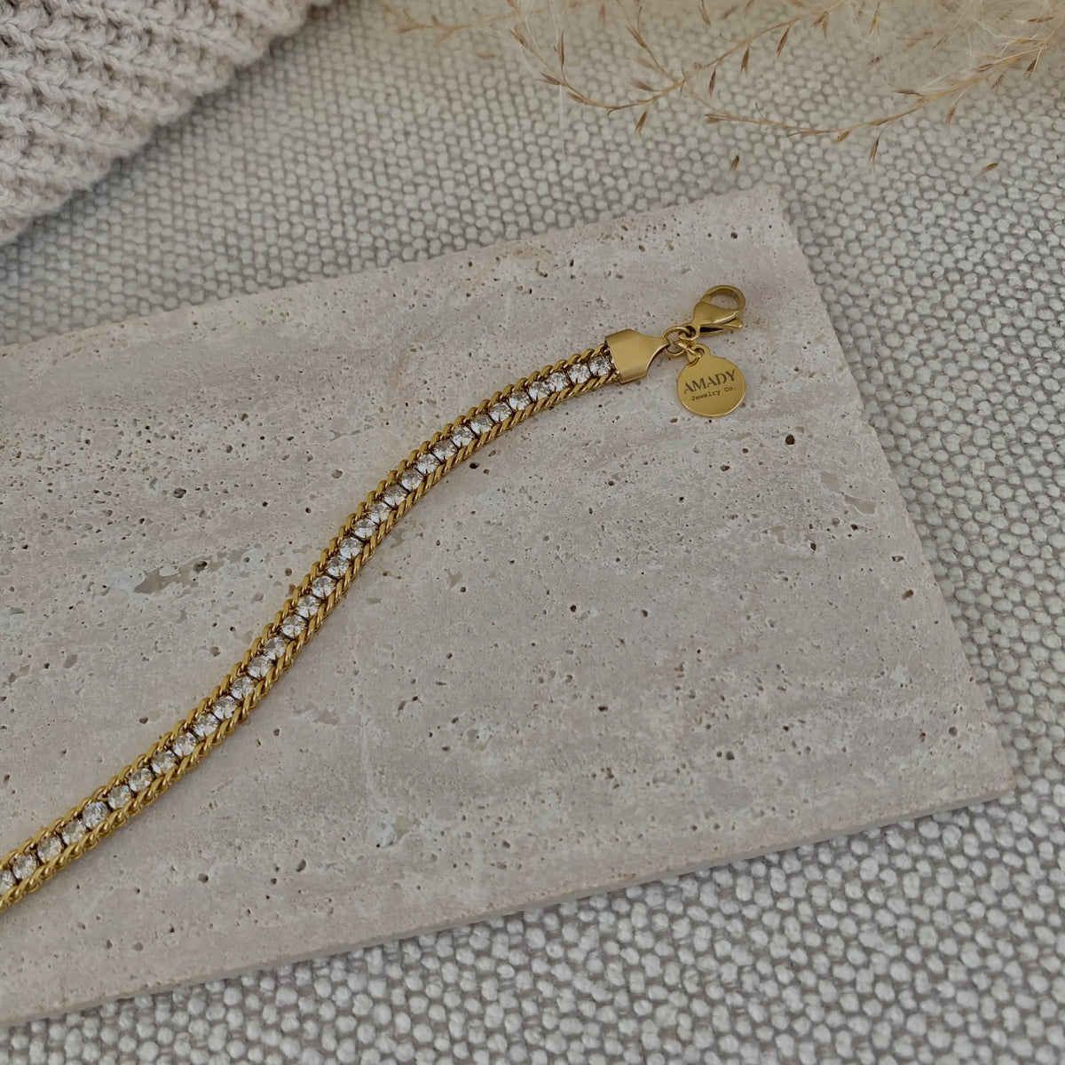 Braided chain and rhinestones tennis bracelet 18k GP