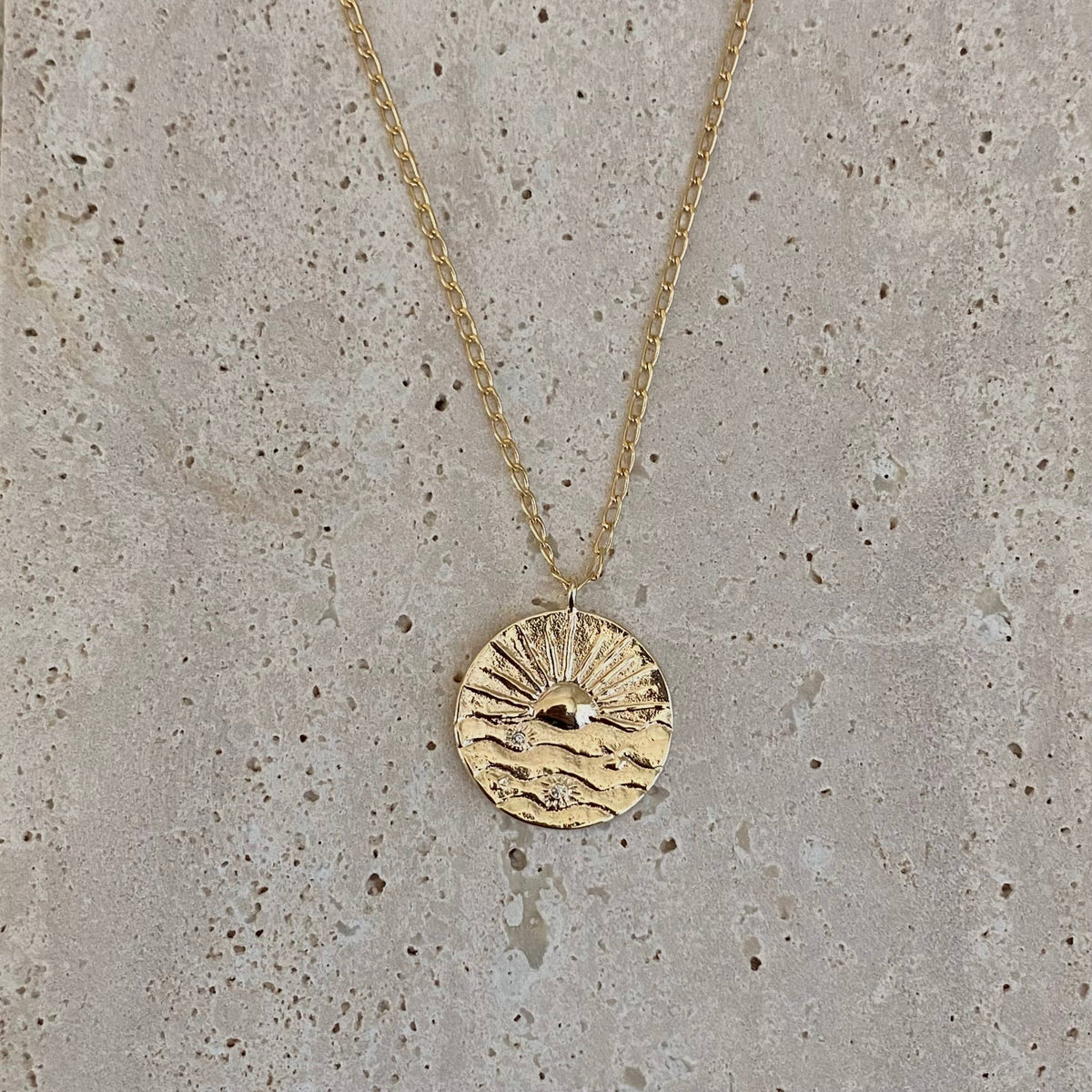 Sunrise sun Coin Medallion chain necklace gold filled plated