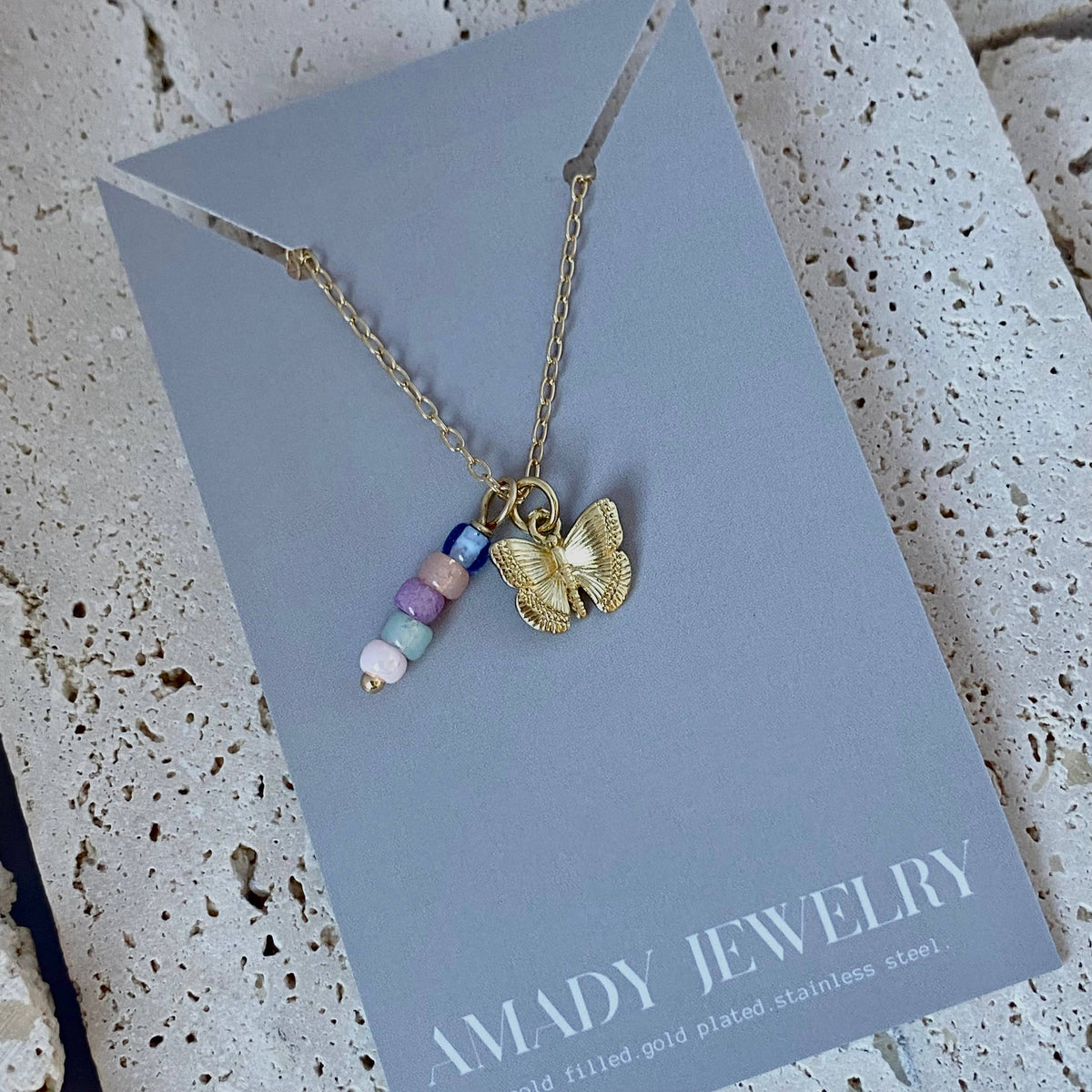 Small Butterfly charm colorful beaded bar pendant necklace