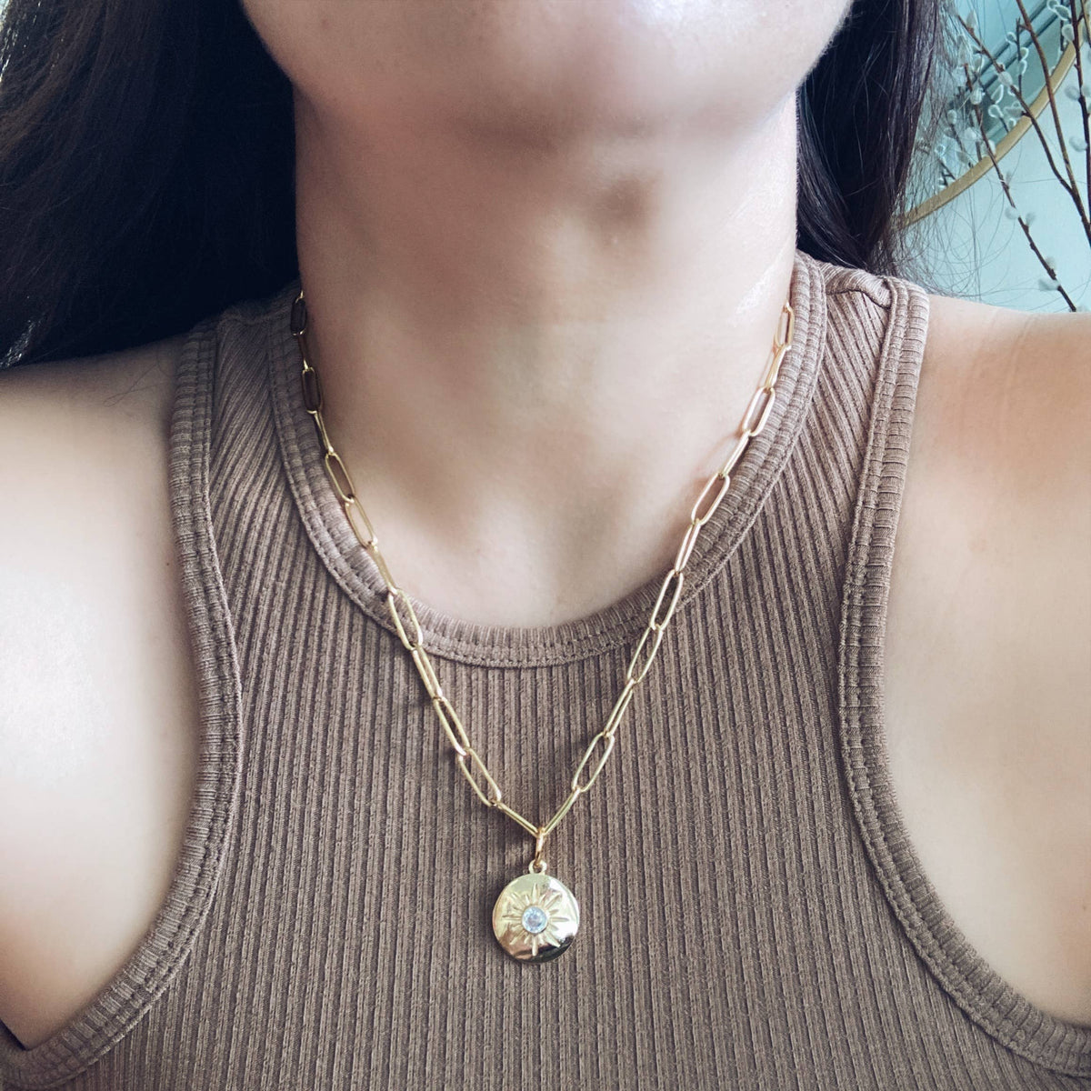 Gold sun coin necklace paperclip gold plated chain medallion