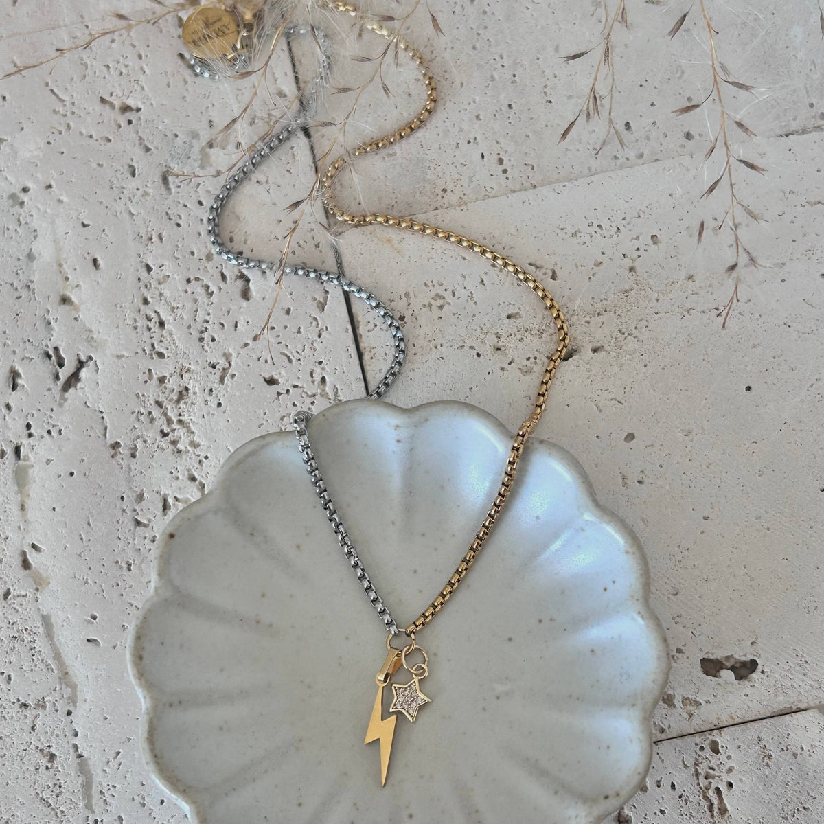 Thunder and star charm pendant necklace two tone silver gold