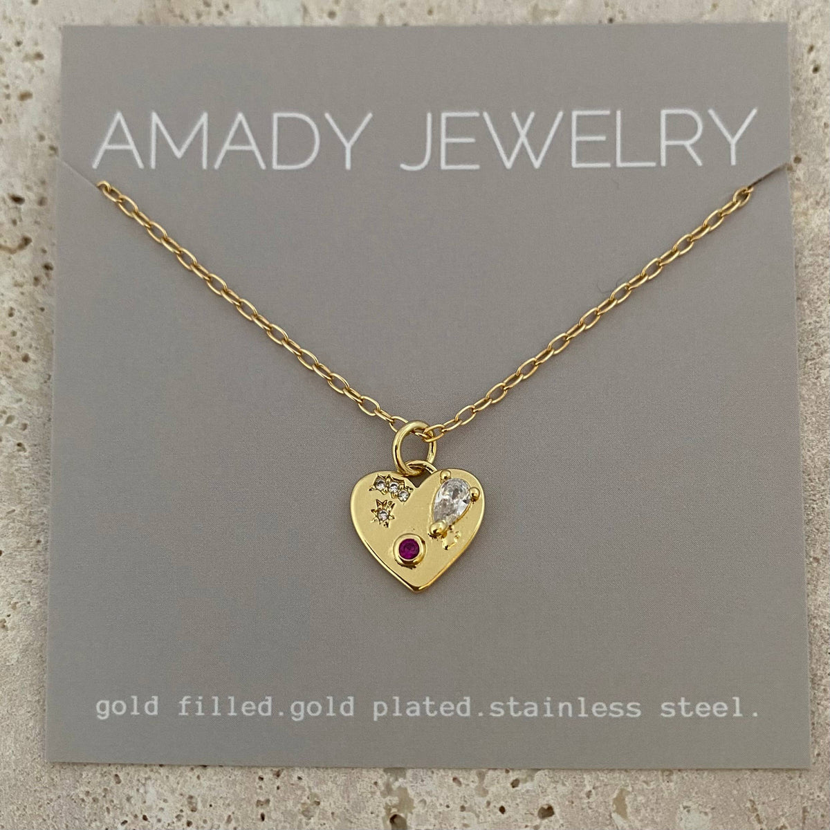Heart shaped charm necklace glass stones 18k Gold Filled