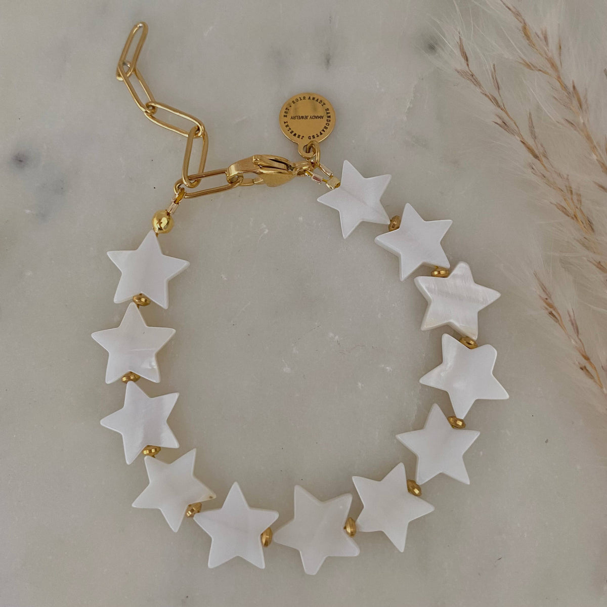 Stars pearl color paperclip chain 18k gold plated bracelet