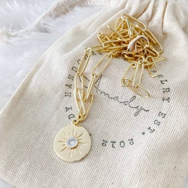 Gold sun coin necklace paperclip gold plated chain medallion