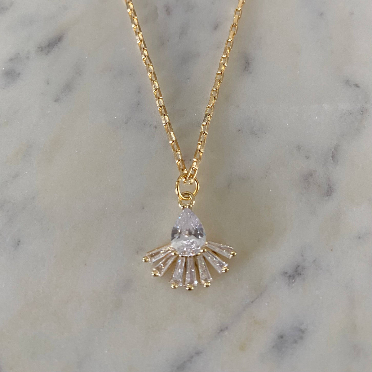 Pear shape fan glass necklace 18k gold fill water resistant