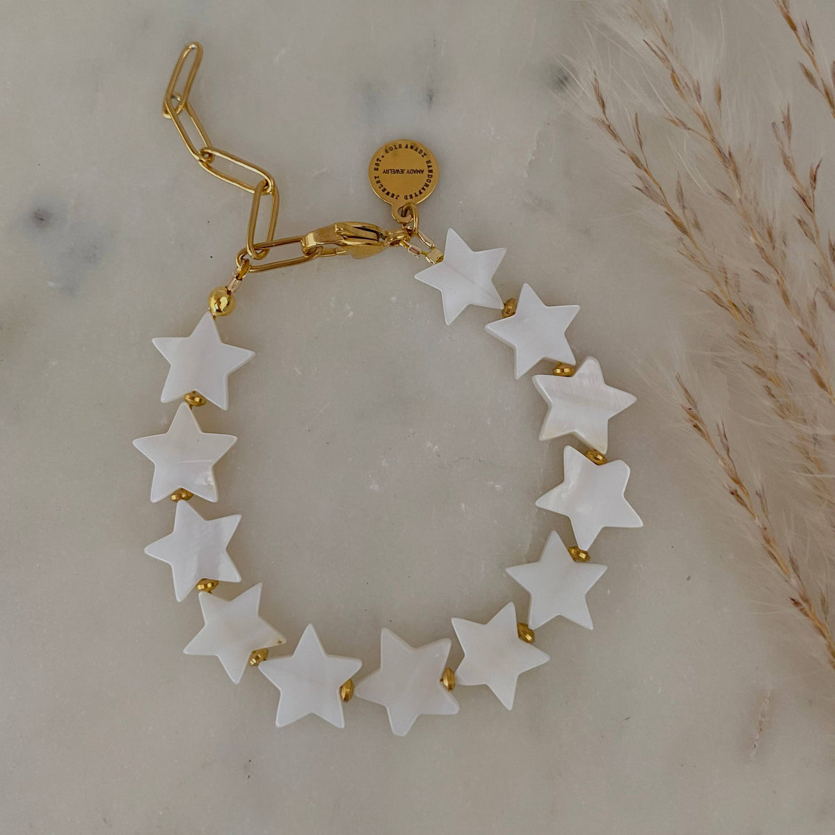 Stars pearl color paperclip chain 18k gold plated bracelet