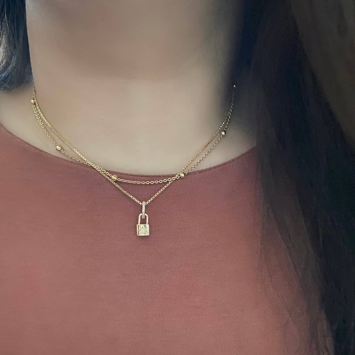 Little padlock gold plated lock charm 18k gold chain