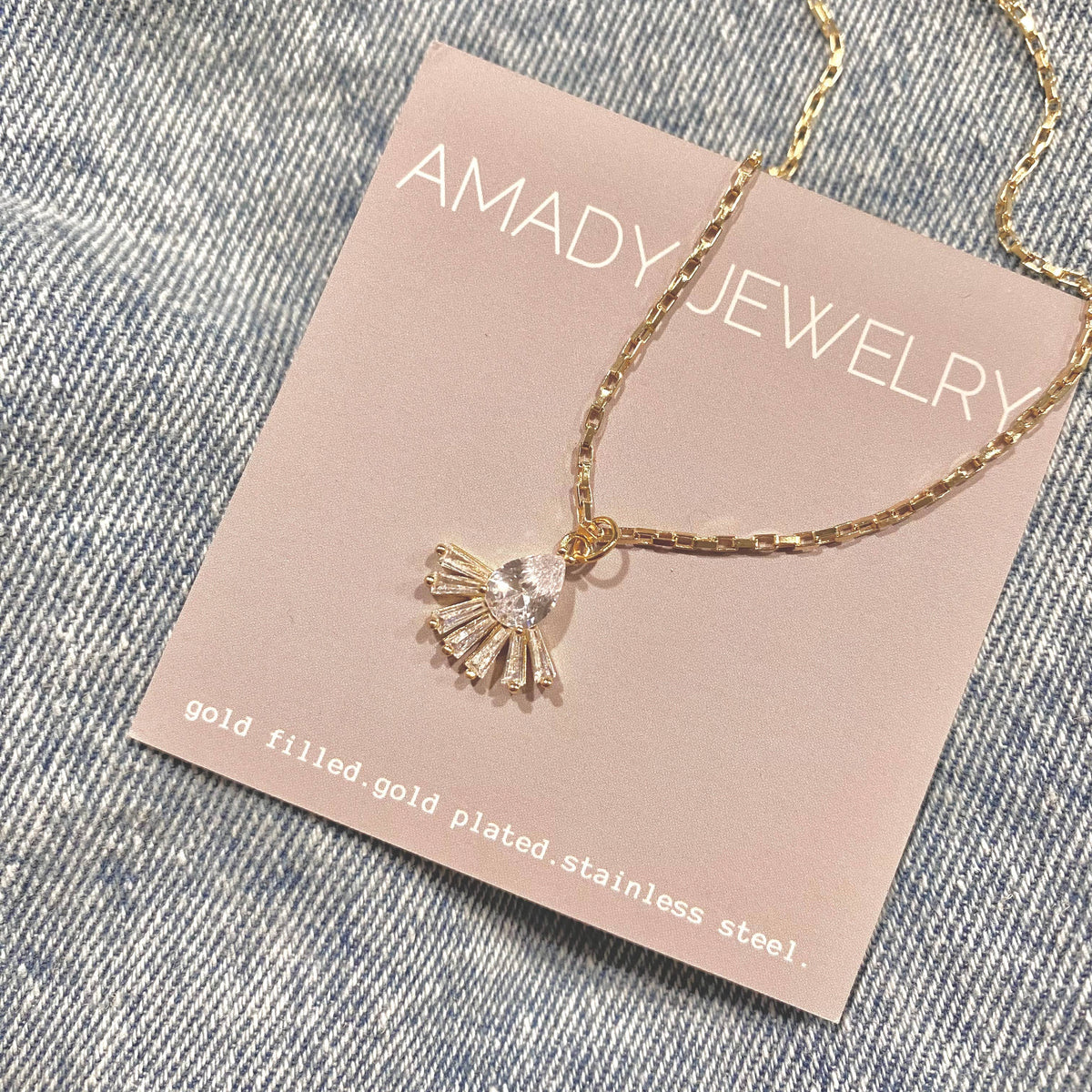 Pear shape fan glass necklace 18k gold fill water resistant
