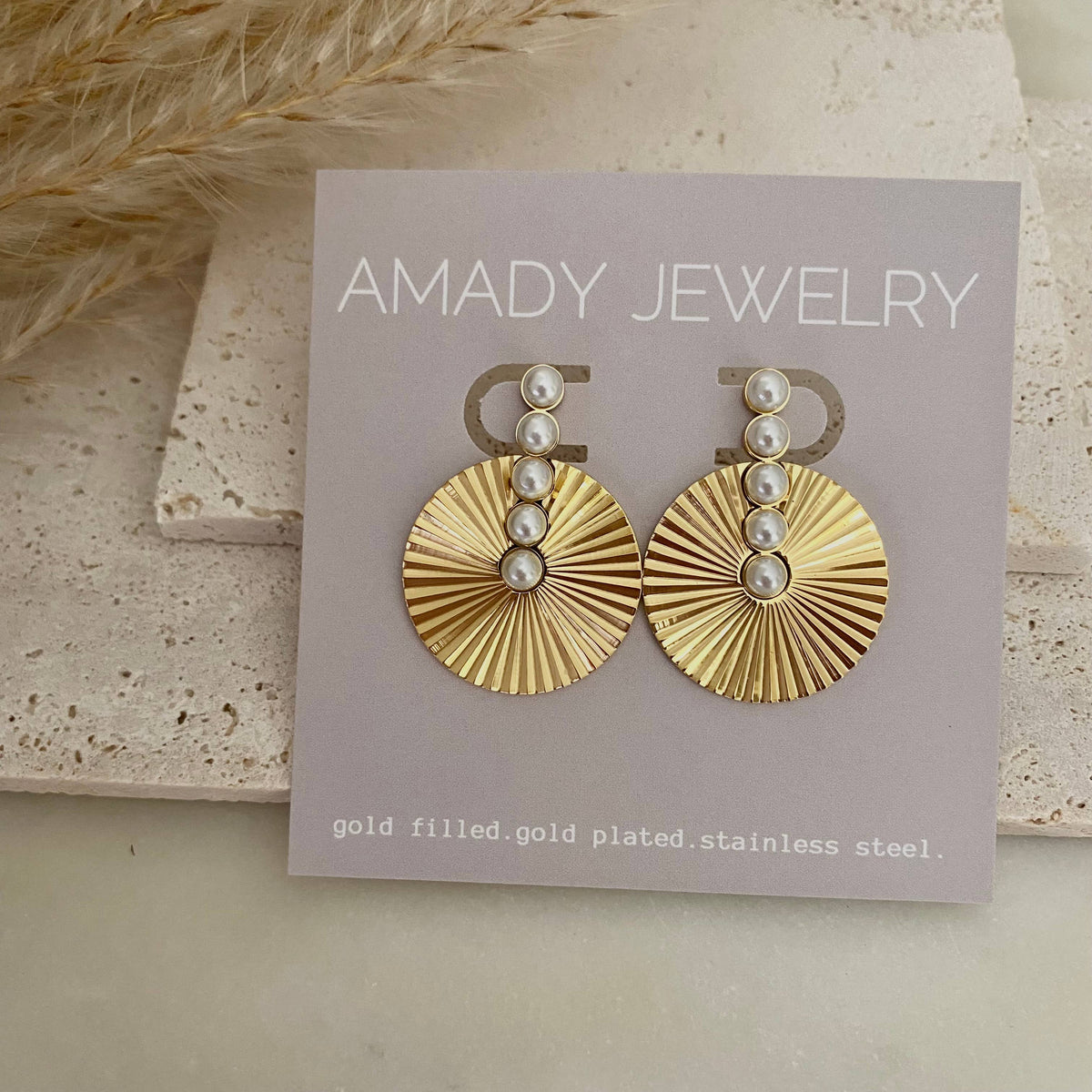 Pearls Bar Medallion Bold Earrings Gold Plated Stainless