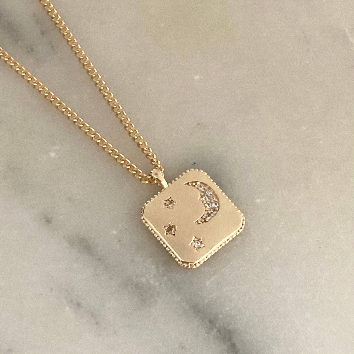 Square Medallion Coin Crescent Moon 18K gold filled necklace