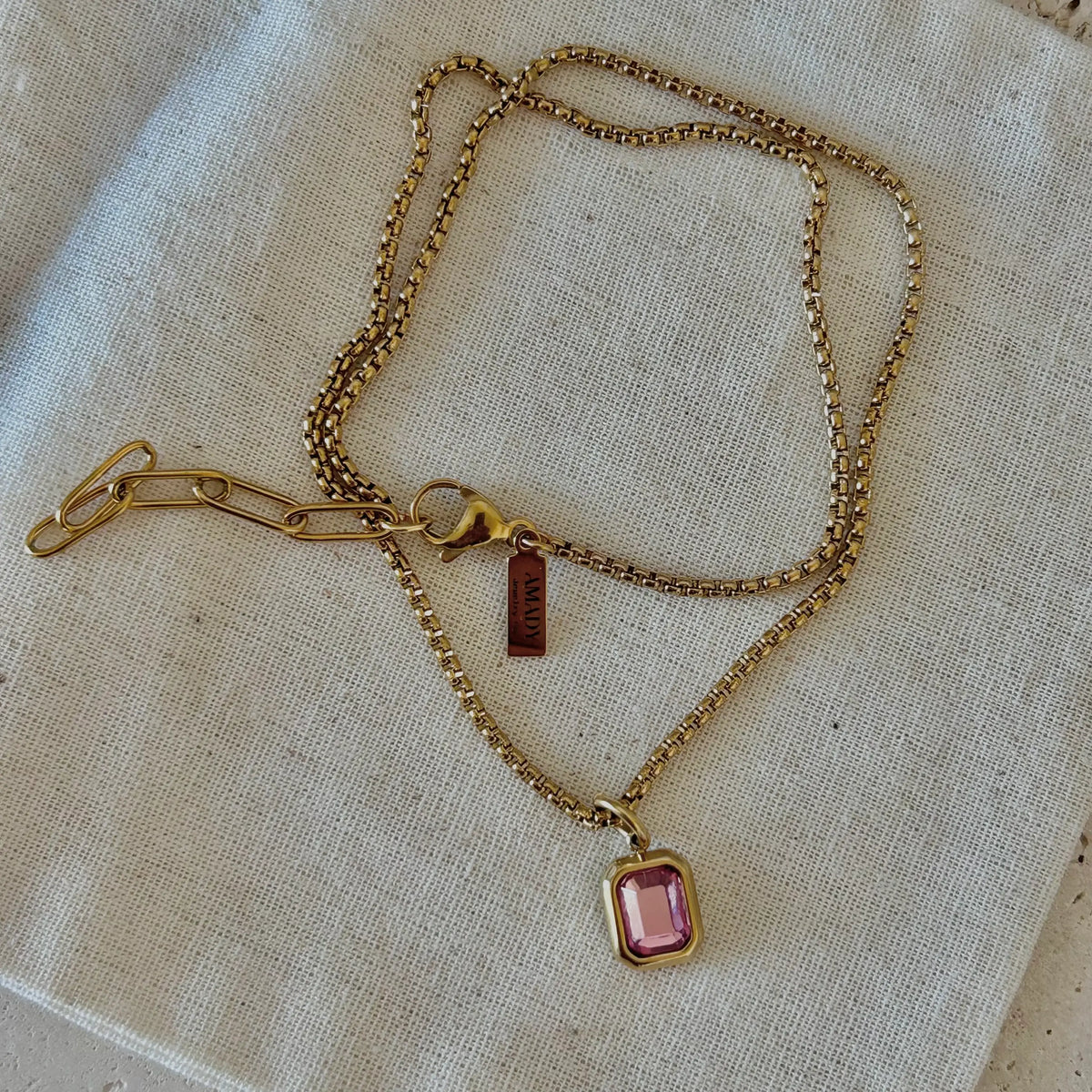 Pink Crystal Pendant Necklace 18k gold plated box chain
