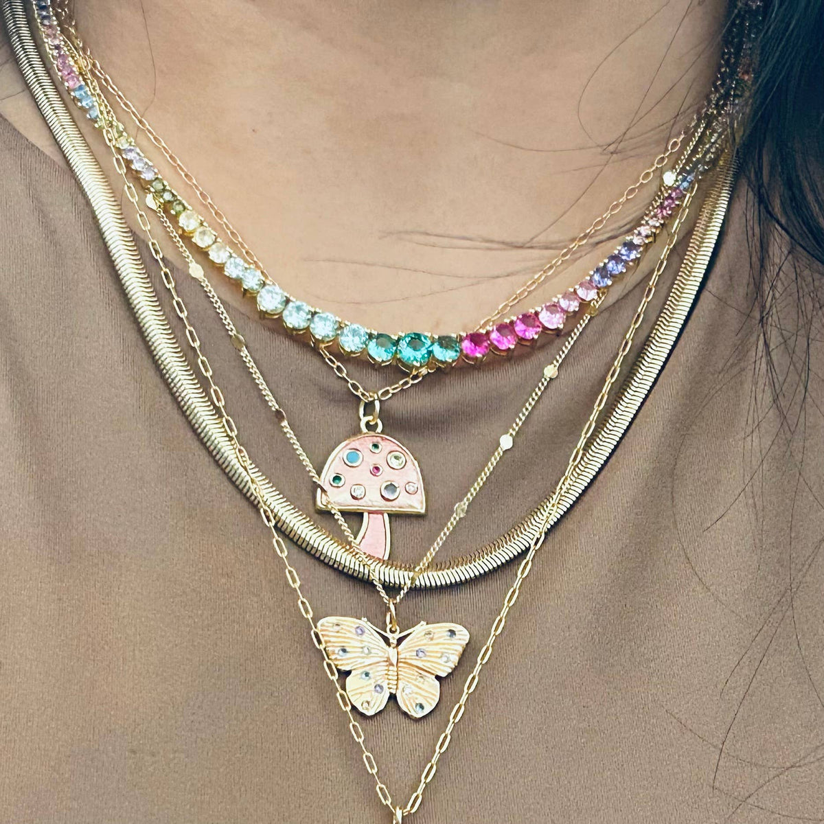 Small mushroom pendant necklace colorful spring summer chain