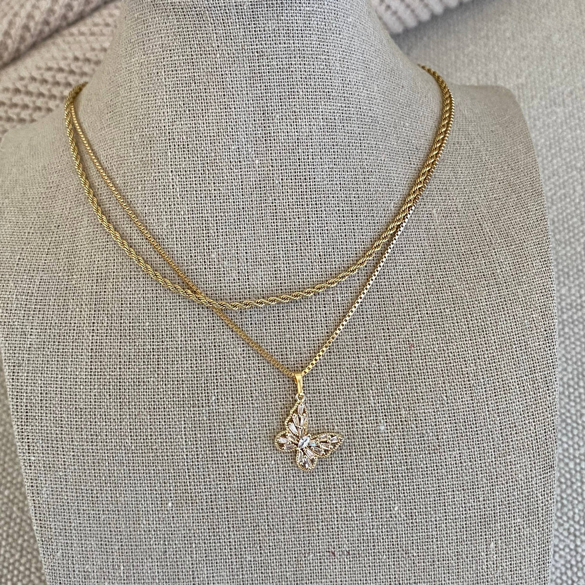 Butterfly Rhinestones Charm Pendant Necklace 18 Gold Filled