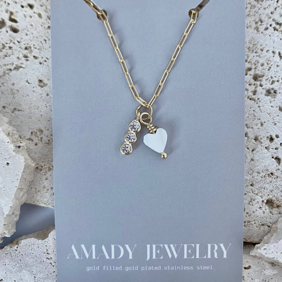 Shell Pearl Heart crystals bar charm necklace gold plated