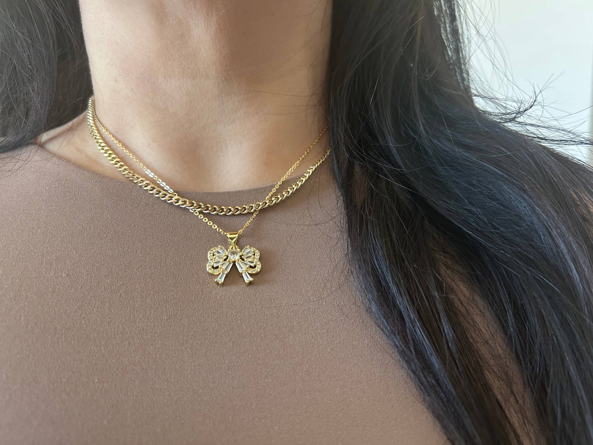 Bow pendant necklace rhinestones 18k gold filled paperclip