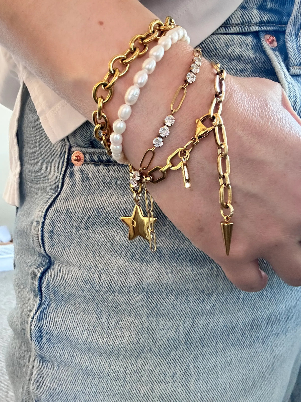 18k Gold Plated Paperclip tennis Chain Bracelet Rhinestones