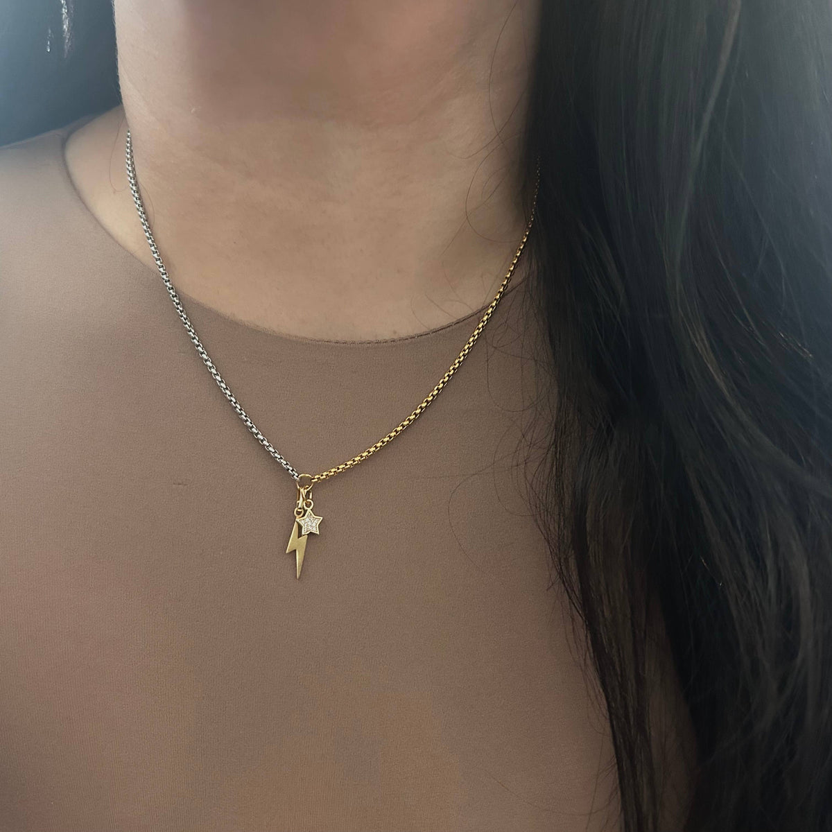 Thunder and star charm pendant necklace two tone silver gold