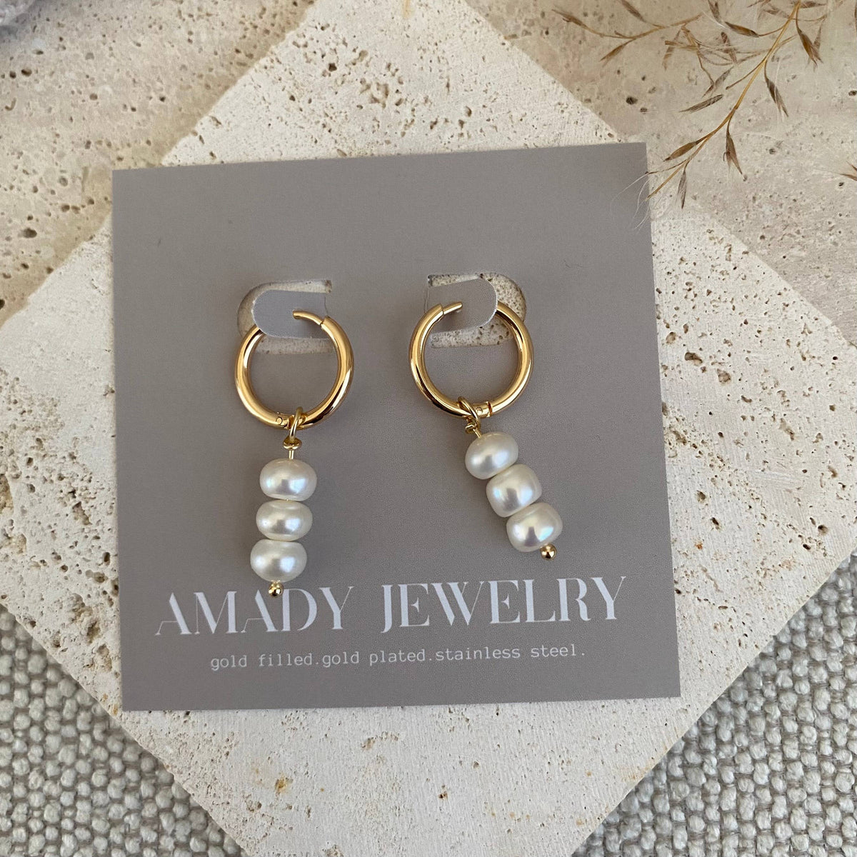 Pearls Dangle Drop Hoop Earrings 14k Gold Plated
