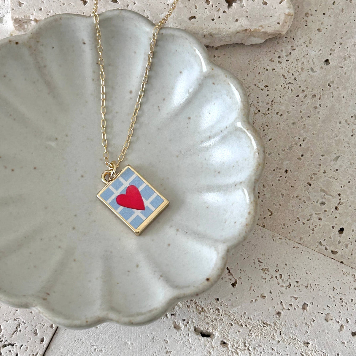 Red Heart card charm pendant necklace 18k gold filled