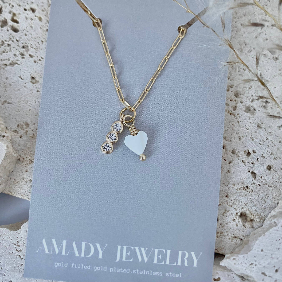 Shell Pearl Heart crystals bar charm necklace gold plated