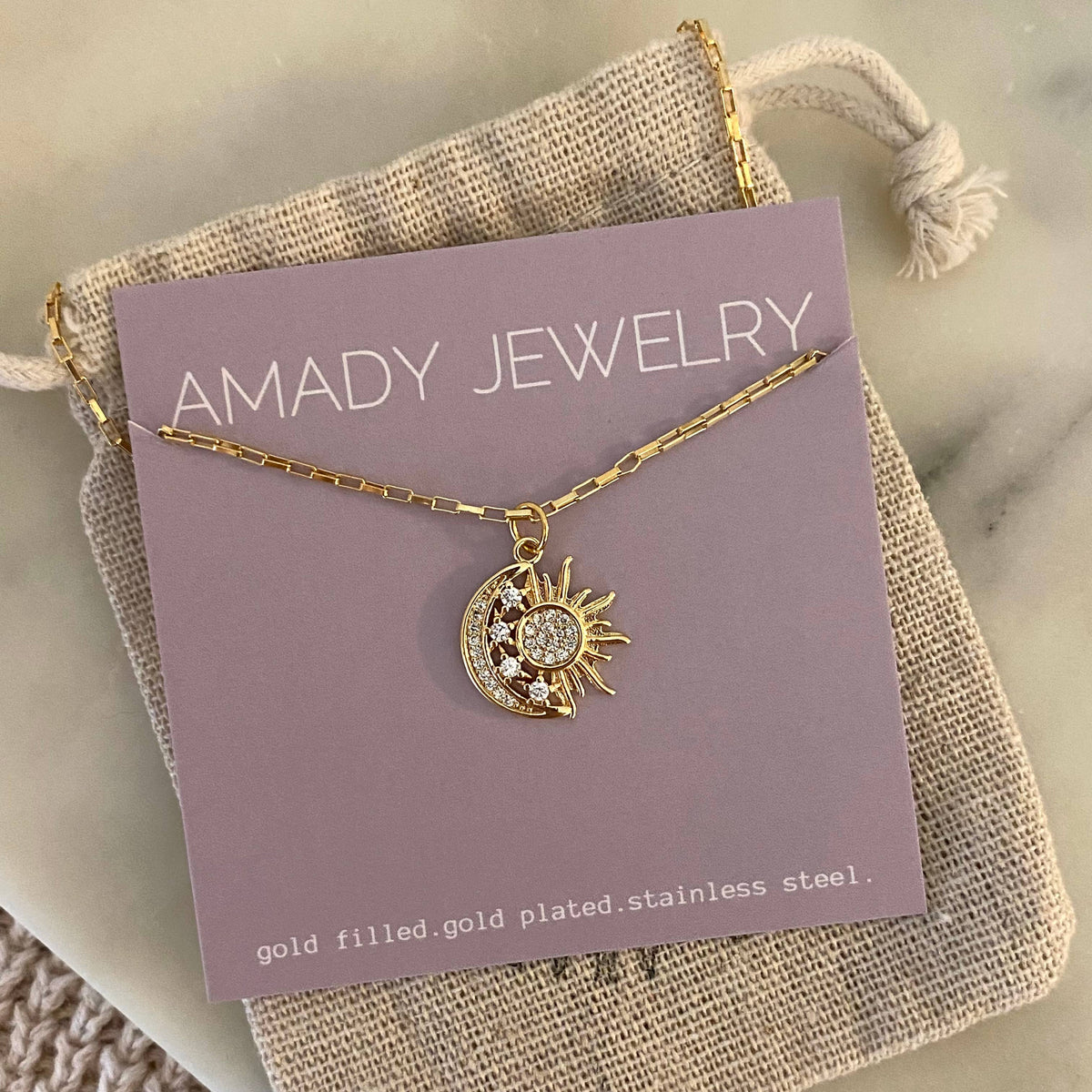 Sun Moon Stars Pendant Charm Necklace 18k Gold Filled