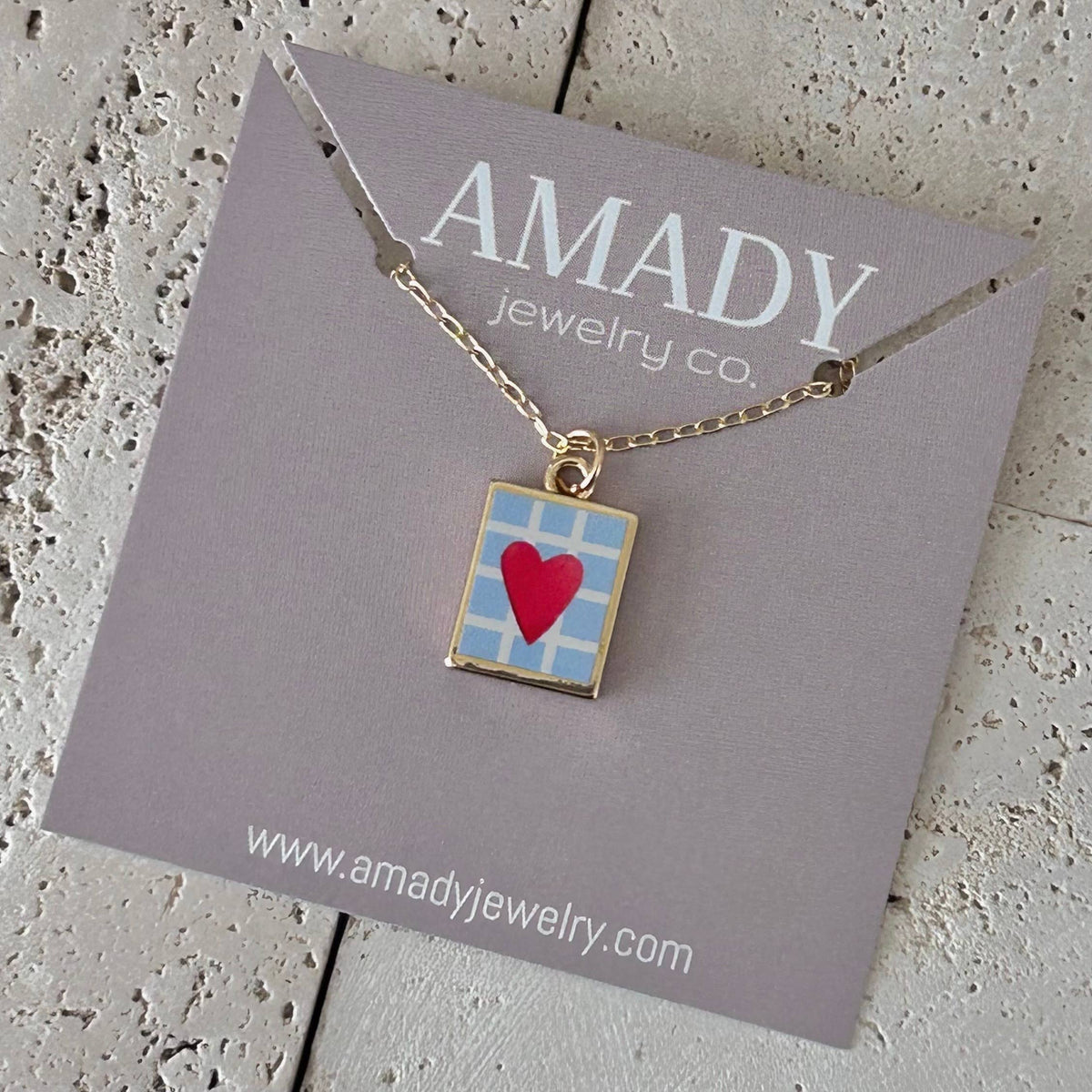 Red Heart card charm pendant necklace 18k gold filled